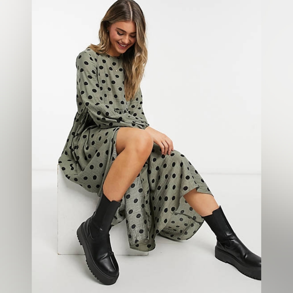 ASOS DESIGN long sleeve maxi smock dress in sage polka dot US 4 - Picture 1 of 8